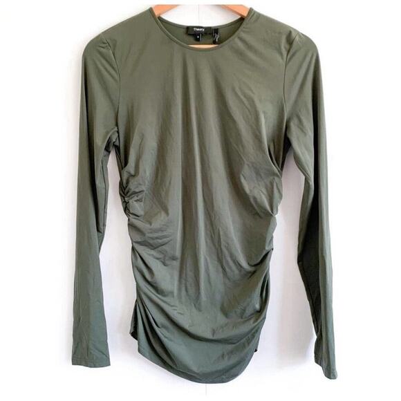 Theory Long Sleeve Top Olive Green Rouched Size M - Picture 1 of 7